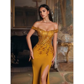 [Elegant Sequin Gown] Glamorous Elegant Off-Shoulder Sequin Gown for Women | Bodycon Mermaid Tail with High Slit, Long Formal Party Dress for Weddings, Galas & Evening Events, Solid Color Evening Wear