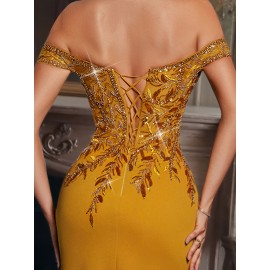 [Elegant Sequin Gown] Glamorous Elegant Off-Shoulder Sequin Gown for Women | Bodycon Mermaid Tail with High Slit, Long Formal Party Dress for Weddings, Galas & Evening Events, Solid Color Evening Wear