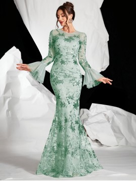 Elegant Mint Green Floral Evening Gown for Women - Long Sleeve, A-Line Mermaid Dress with Sheer Overlay, Perfect for Weddings and Formal Events, Formal Evening Gown