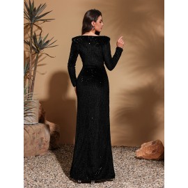 [Sequin Elegant Dress] Sequin Elegant Black Long-Sleeve V-Neck Plus Size Dress | Polyester Blend, High Slit, Perfect for Parties, Birthdays, and Formal Events, Adult Women's Fashion, Event Dress