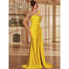 Women's Formal Evening gown - V-Neck Long Formal dress with Zipper back, Elegant Mermaid Party, Wedding, State Gala - Machine Washable Formal Attire in Bright Pink