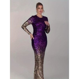 Elegant Purple Sequin Gradient Bridesmaid Evening Gown - Long Sleeve, Round Neck, Form-Fitting Maxi Dress for Weddings and Formal Events, Bridesmaid Dress, Wedding Attire, Sophisticated Style, Detailed Sequins, Medium Elasticity