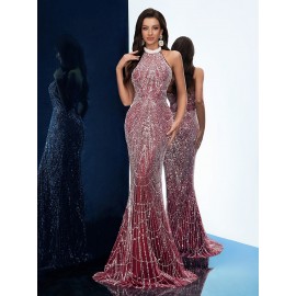 [Elegant Dress] Elegant Sleeveless Formal Dinner Dress | Champagne Halterneck Fishtail for Women - Sparkling Sequins, Mermaid Silhouette, Perfect for Galas & Weddings, Sophisticated Style, Intricate Embellishments
