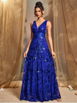 Elegant Royal Blue Sequin Gown for Women - V-Neck, Waist-Cinching Long Dress with Flowing Skirt, Perfect for Parties, Galas, and Formal Events, Formal Event Attire|Sequin Embellished Dress|Sleek Fitted Top