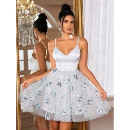 [Fashionable Dress] Butterfly Print Sleeveless Women's Dress | A-line Skirt for Parties with Thin Shoulder Straps