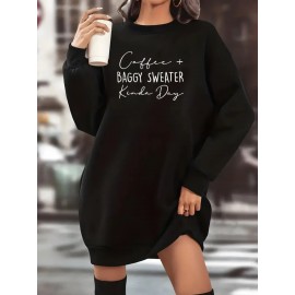 Women'S Casual White Letter Print Sweater Dress - Long Sleeve, Crew Neck, Loose Fit, Machine Washable, Perfect for Fall/Winter, Cozy Pullover Style, Casual Winter Wear | Relaxed Fit Dress | Machine Washable Fabric, Cute Sweaters