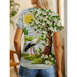Women'S Elegant White Flower & Bird Print T-Shirt - Fresh Countryside Landscape Design, Comfortable Round Neck, Short Sleeve, Lightweight Polyester Blend for Casual Outdoor Wear, Ladies T