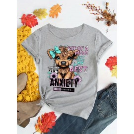 Women's Cute Cartoon Cow Print T-Shirt, Round Neck Short Sleeve Fashion Sports Tee, Comfortable Casual Top, Knitted Polyester Fabric, Romantic Style, All Seasons, Ladies Leisure Sportswear