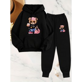 Cozy Fleece-Lined Women's Hoodie & Jogger Set - Cute Bear Print, Drawstring, Long Sleeves - Casual Fall/Winter Ensemble in Black