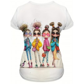 Women'S Casual Crew Neck T-Shirt with Vibrant Four Print, Short Sleeve, Polyester, All-Season Fashion, Casual Attire | Playful Print Tee | Stretchy