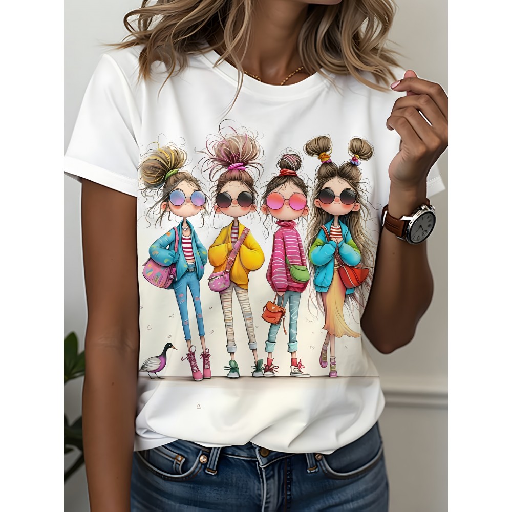 Women'S Casual Crew Neck T-Shirt with Vibrant Four Print, Short Sleeve, Polyester, All-Season Fashion, Casual Attire | Playful Print Tee | Stretchy