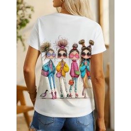 Women'S Casual Crew Neck T-Shirt with Vibrant Four Print, Short Sleeve, Polyester, All-Season Fashion, Casual Attire | Playful Print Tee | Stretchy