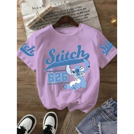 Stitch Graphic Print T-Shirt - Casual & Comfortable Crew Neck with Double Shoulder Straps, Breathable Summer Essential, Red with Blue Stitch Design, Perfect for Parties & Casual Attire, Casual Summer Top | Playful Print Tee | Comfortable Fit