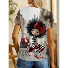 Women'S Casual T-Shirt with Vibrant Comic Art Print - Soft, Comfortable Round Neck Tee with Red Bow & Floral Basket Design, Perfect Gift for Casual Attire, Ladies T Shirts