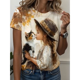 [Cozy Owl & Cat Tee] Soft & Cozy Women's Owl & Cat Print T-Shirt | Autumn Maple Leaves Design, Round Neck Casual Top for Fall Fashion, Comfortable Casual Wear