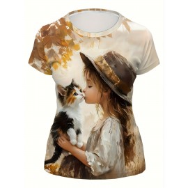 [Cozy Owl & Cat Tee] Soft & Cozy Women's Owl & Cat Print T-Shirt | Autumn Maple Leaves Design, Round Neck Casual Top for Fall Fashion, Comfortable Casual Wear