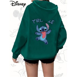 Disney Stitch TROUBLE Women'S Casual Zip-Up Hoodie - Front Zipper Design, Pink Cartoon Print, Cozy Fall/Winter Jacket with Hood, Cute Hoodies
