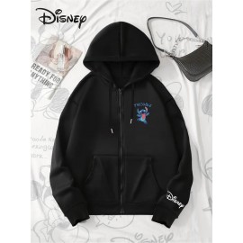 Disney Stitch TROUBLE Women'S Casual Zip-Up Hoodie - Front Zipper Design, Pink Cartoon Print, Cozy Fall/Winter Jacket with Hood, Cute Hoodies