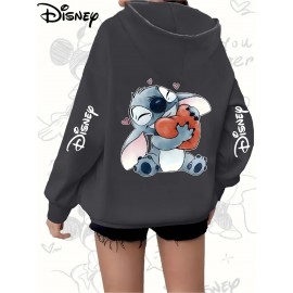 Plus Size Stitch Graphic Hoodie - Cute Cartoon Print with Hearts & Stars, Zip-Up Pullover with Pockets, Machine Washable, Black & Pink, Perfect for Casual Wear, Parties, and Holidays, Casual Wear Hoodie | Playful Design | Stretchy Fabric, Disney Shirts