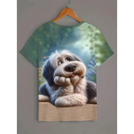 A cute dog-printed T-shirt for plus-size ladies, an elegant round-neck short-sleeved top with a cute cartoon dog design, and soft fabric, is very suitable for casual wear