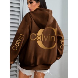Women'S Calvin Graphic Hoodie - Black with Golden Lettering, Cozy Fall/Winter Pullover Sweatshirt, Hooded Sweatshirt for Everyday & Formal Outfits, Casual Wear, Trendy Design, Comfortable Fit, Stylish Hoodie, Fashion Lovers