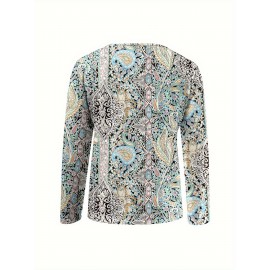 Plus Size, Plus Size Women's Elegant V-Neck Long Sleeve T-Shirt - All-Over Floral Print, Stretchy Mid-Weight Fabric, Machine Washable, Autumn Winter Casual & Formal Tops