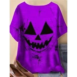 Plus Size, Women's Halloween Pumpkin Face T-Shirt - Purple & Black Spooky Graphic Tee, Plus Size Round Neck Short Sleeve Top for Halloween Party Outfits, Everyday Casual Wear - Machine Washable Costume Apparel, Halloween Clothes