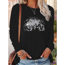 [Plus Size Halloween T-Shirt] Plus Size Women's Halloween Oversized Long Sleeve T-Shirt | Gothic Rabbit Print with Spooky Forest | Black & White Halloween Party Outfit | Casual Everyday Fall/Winter Top | Machine Washable Year-Round Layering Essential