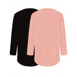 Plus Size - 2pcs Women'S Casual Long Sleeve V-Neck T-Shirts, Solid Color Asymmetrical Hem, Medium Stretch, Relaxed Fit, Plus Size, Fall Fashion Top Tee, Ladies T Shirts