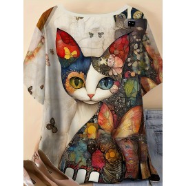 Plus Size - Women'S Plus Size Bohemian Cat & Floral Print T-Shirt - Short Sleeve, Round Neck, Lightweight Polyester, Casual Vacation Style, Black with Colorful Butterflies & Flowers Design, Vacation Clothing | Bohemian Style | Vibrant Print, Cat Shirt