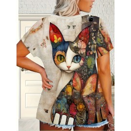 Plus Size - Women'S Plus Size Bohemian Cat & Floral Print T-Shirt - Short Sleeve, Round Neck, Lightweight Polyester, Casual Vacation Style, Black with Colorful Butterflies & Flowers Design, Vacation Clothing | Bohemian Style | Vibrant Print, Cat Shirt