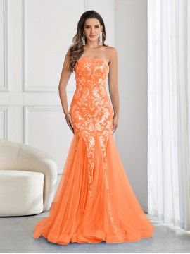 Stunning Sequined Mermaid Wedding Dress - Elegant Sleeveless Mesh Tube Gown for Party, Banquet, Engagement Ceremony, Wedding Occasion - Women's Formal Clothing for Special Events