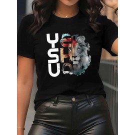 Women'S Casual Short Sleeve T-Shirt with Lion Graphic Design - 
