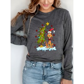 Women'S Christmas Puppy & Tree Graphic Long Sleeve T-Shirt - Soft Breathable Fabric, Stretchy Comfort Fit, Round Neck Casual Holiday Top for All Seasons, Sizes S-XXL, Christmas Shirts, Allseason Apparel, Playful Design, Durable Print
