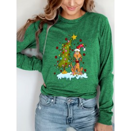 Women'S Christmas Puppy & Tree Graphic Long Sleeve T-Shirt - Soft Breathable Fabric, Stretchy Comfort Fit, Round Neck Casual Holiday Top for All Seasons, Sizes S-XXL, Christmas Shirts, Allseason Apparel, Playful Design, Durable Print