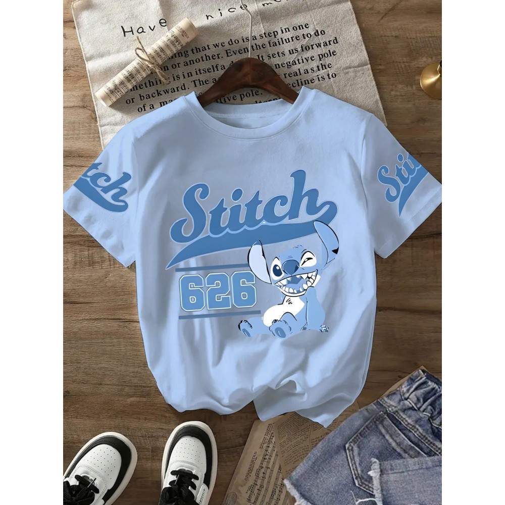 Stitch Graphic Print T-Shirt - Casual & Comfortable Crew Neck with Double Shoulder Straps, Breathable Summer Essential, Red with Blue Stitch Design, Perfect for Parties & Casual Attire, Casual Summer Top | Playful Print Tee | Comfortable Fit