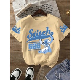 Stitch Graphic Print T-Shirt - Casual & Comfortable Crew Neck with Double Shoulder Straps, Breathable Summer Essential, Red with Blue Stitch Design, Perfect for Parties & Casual Attire, Casual Summer Top | Playful Print Tee | Comfortable Fit