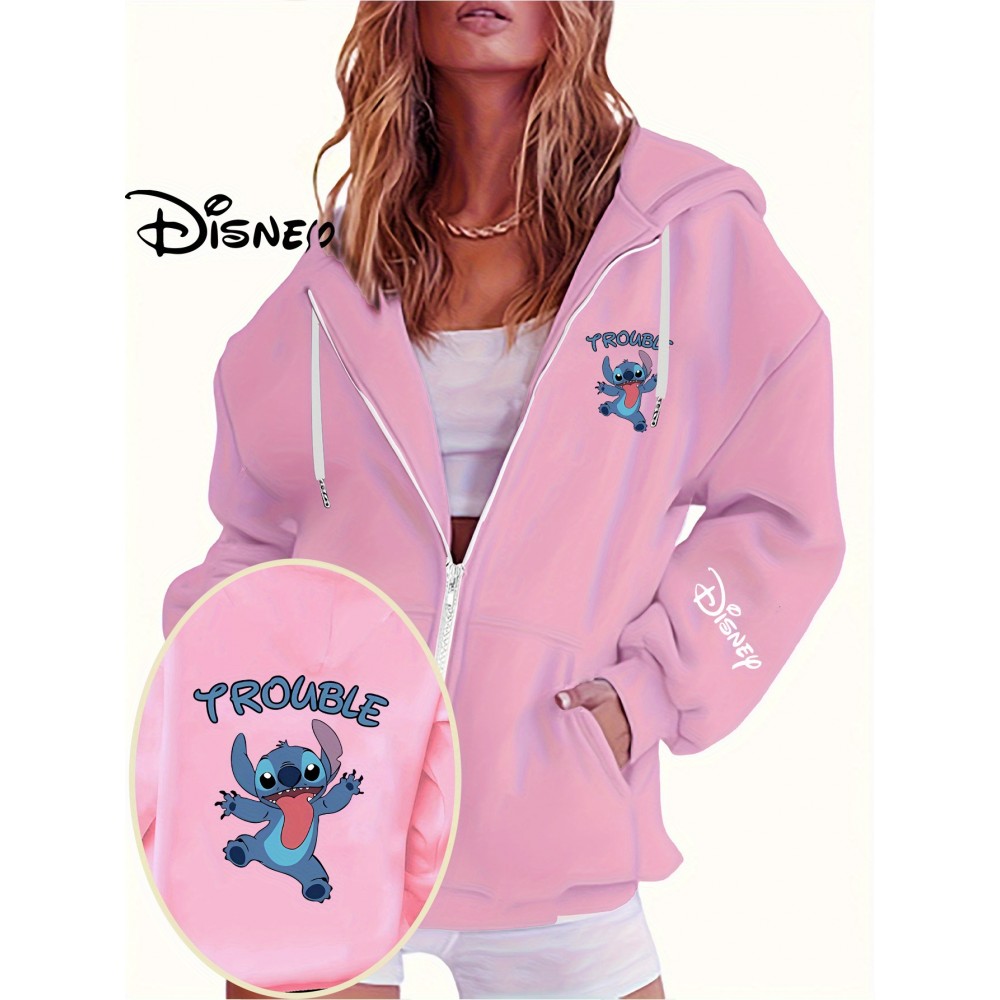 Disney Stitch TROUBLE Women'S Casual Zip-Up Hoodie - Front Zipper Design, Pink Cartoon Print, Cozy Fall/Winter Jacket with Hood, Cute Hoodies
