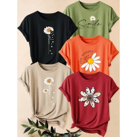 [Versatile Summer T-Shirt Set] 5pcs Versatile Summer T-Shirt Set, Women's Simple Floral Short Sleeve Chrysanthemum Print Round Neck Loose Fit Casual Fashionable Commute Vacation Everyday Top in Multiple Colors 1XL-5XL