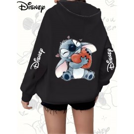 Plus Size Stitch Graphic Hoodie - Cute Cartoon Print with Hearts & Stars, Zip-Up Pullover with Pockets, Machine Washable, Black & Pink, Perfect for Casual Wear, Parties, and Holidays, Casual Wear Hoodie | Playful Design | Stretchy Fabric, Disney Shirts
