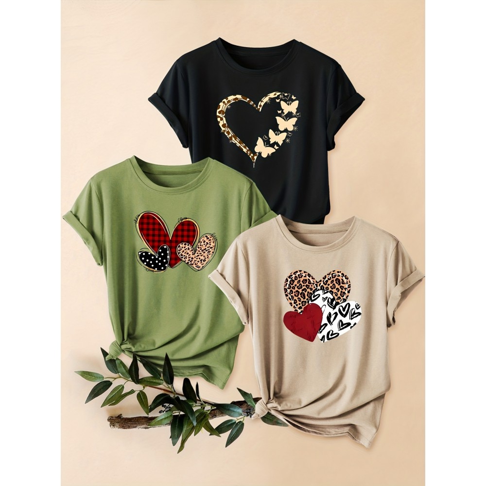 3pcs Women'S Casual Short Sleeve T-Shirts with Leopard Print & Heart Design - Loose Fit, Round Neck, Medium Stretch, All-Season Comfort, Available in 1XL-5XL Sizes, Leopard Print T Shirt, Vacation Clothing, Trendy Fashion, Comfortable Fit