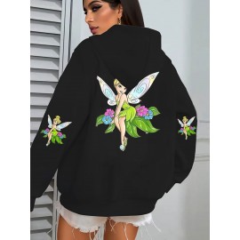 Multi-Color Disney Women's Plus Size Oversized Tinker Bell Fairy Graphic Hooded Sweatshirt - Cozy Zipper Hoodie with Full Back Cartoon Print, Soft Casual Pullover for Fall/Winter (Machine Washable, Officially Licensed)