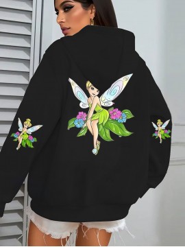 Multi-Color Disney Women's Plus Size Oversized Tinker Bell Fairy Graphic Hooded Sweatshirt - Cozy Zipper Hoodie with Full Back Cartoon Print, Soft Casual Pullover for Fall/Winter (Machine Washable, Officially Licensed)
