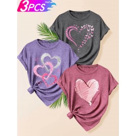 [Cute Heart T-Shirts] 3pcs Women's Heart Graphic T-Shirts | Casual Crew Neck Short Sleeve Tops with 