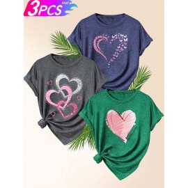 [Cute Heart T-Shirts] 3pcs Women's Heart Graphic T-Shirts | Casual Crew Neck Short Sleeve Tops with 