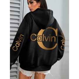 Women'S Calvin Graphic Hoodie - Black with Golden Lettering, Cozy Fall/Winter Pullover Sweatshirt, Hooded Sweatshirt for Everyday & Formal Outfits, Casual Wear, Trendy Design, Comfortable Fit, Stylish Hoodie, Fashion Lovers