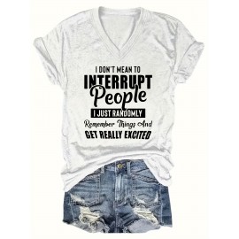 Women'S Casual V-Neck T-Shirt with Alphabet Print, Polyester 60%, Rayon 35%, Spandex 5%, Medium Stretch Knit Fabric, Regular Length, for Spring/Summer/Fall - 180g/m²