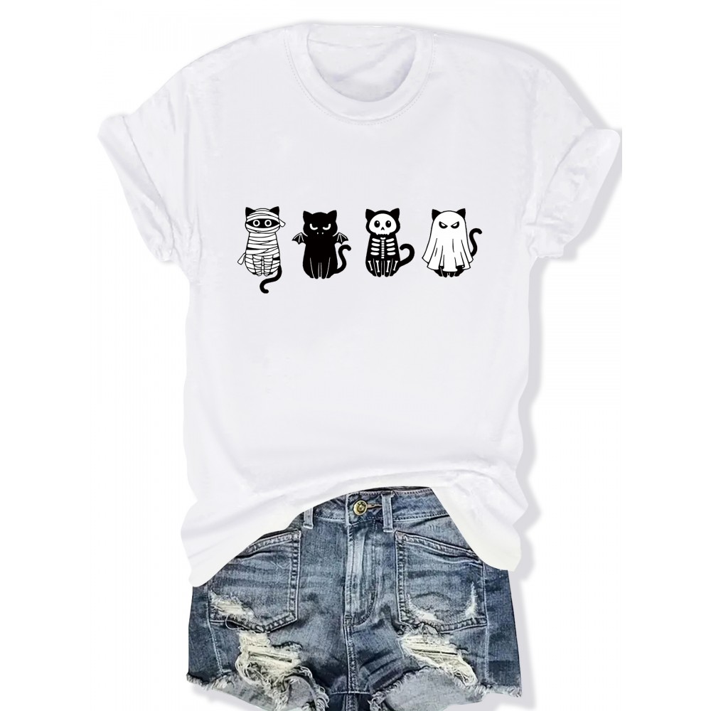 Plus Size - Women'S Plus Size Halloween Cat Print T-Shirt - Black Casual Crew Neck Tee with Playful Cartoon Cats, Breathable & Comfortable for Casual Attire, Halloween Shirts
