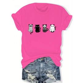 Plus Size - Women'S Plus Size Halloween Cat Print T-Shirt - Black Casual Crew Neck Tee with Playful Cartoon Cats, Breathable & Comfortable for Casual Attire, Halloween Shirts