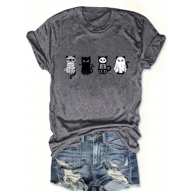 Plus Size - Women'S Plus Size Halloween Cat Print T-Shirt - Black Casual Crew Neck Tee with Playful Cartoon Cats, Breathable & Comfortable for Casual Attire, Halloween Shirts